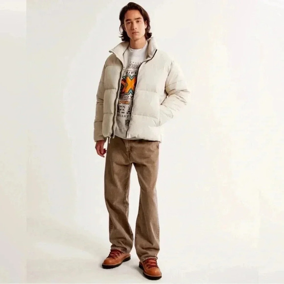 A&F Mens Ultra Collection Puffer Nylon Jacket Ivory Water Wind Resistant M - Picture 1 of 12